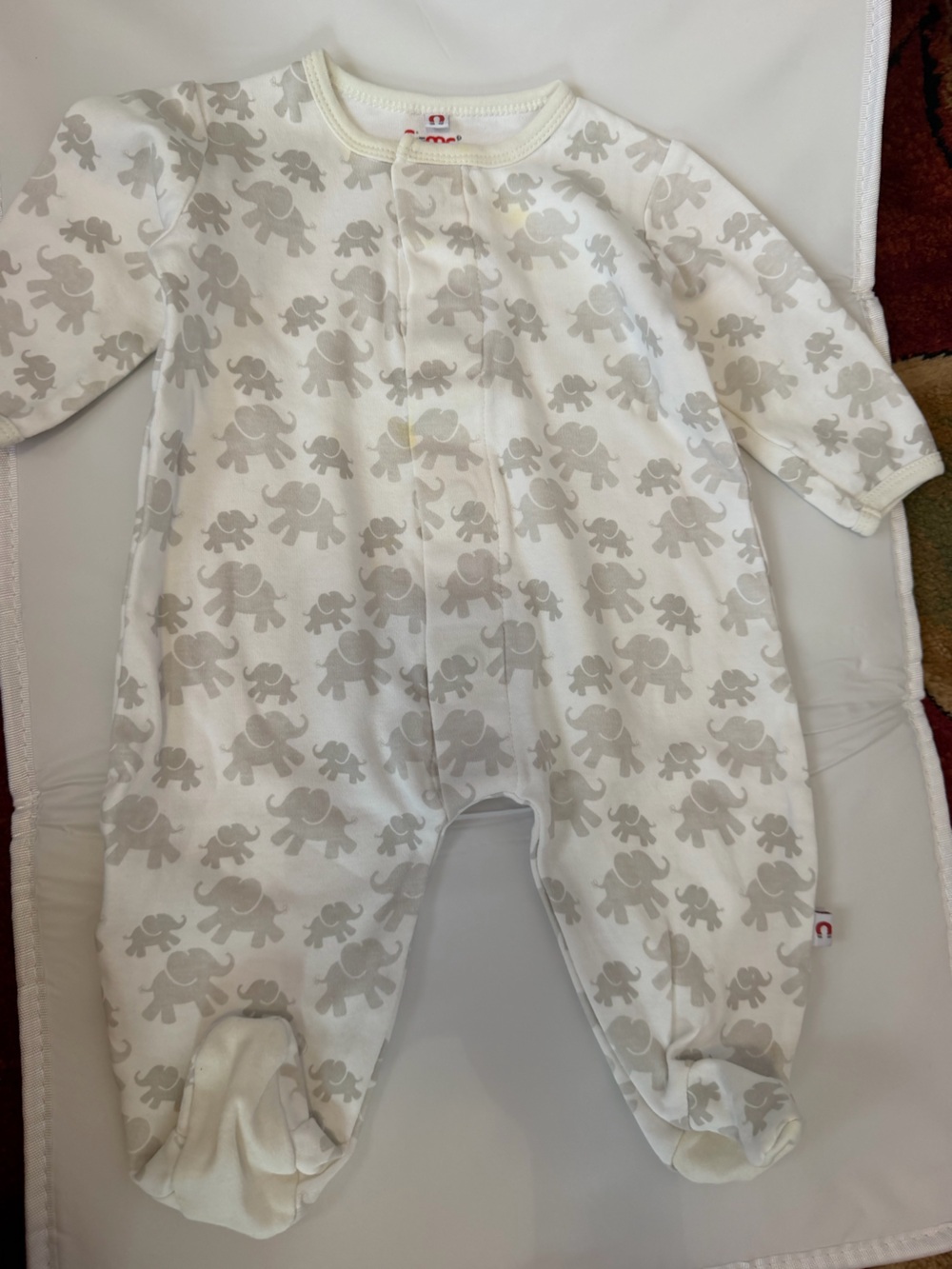 White Long-Sleeve Footed Bodysuit with Light Gray Elephant Print and leopard pr